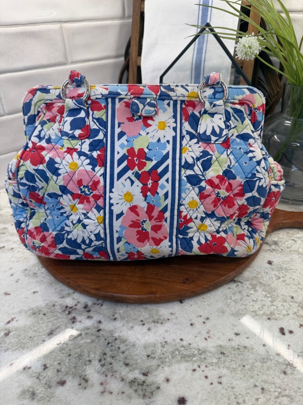 Vera Bradley Blue Floral Quilted Frame Bag with Pink & Red Accents